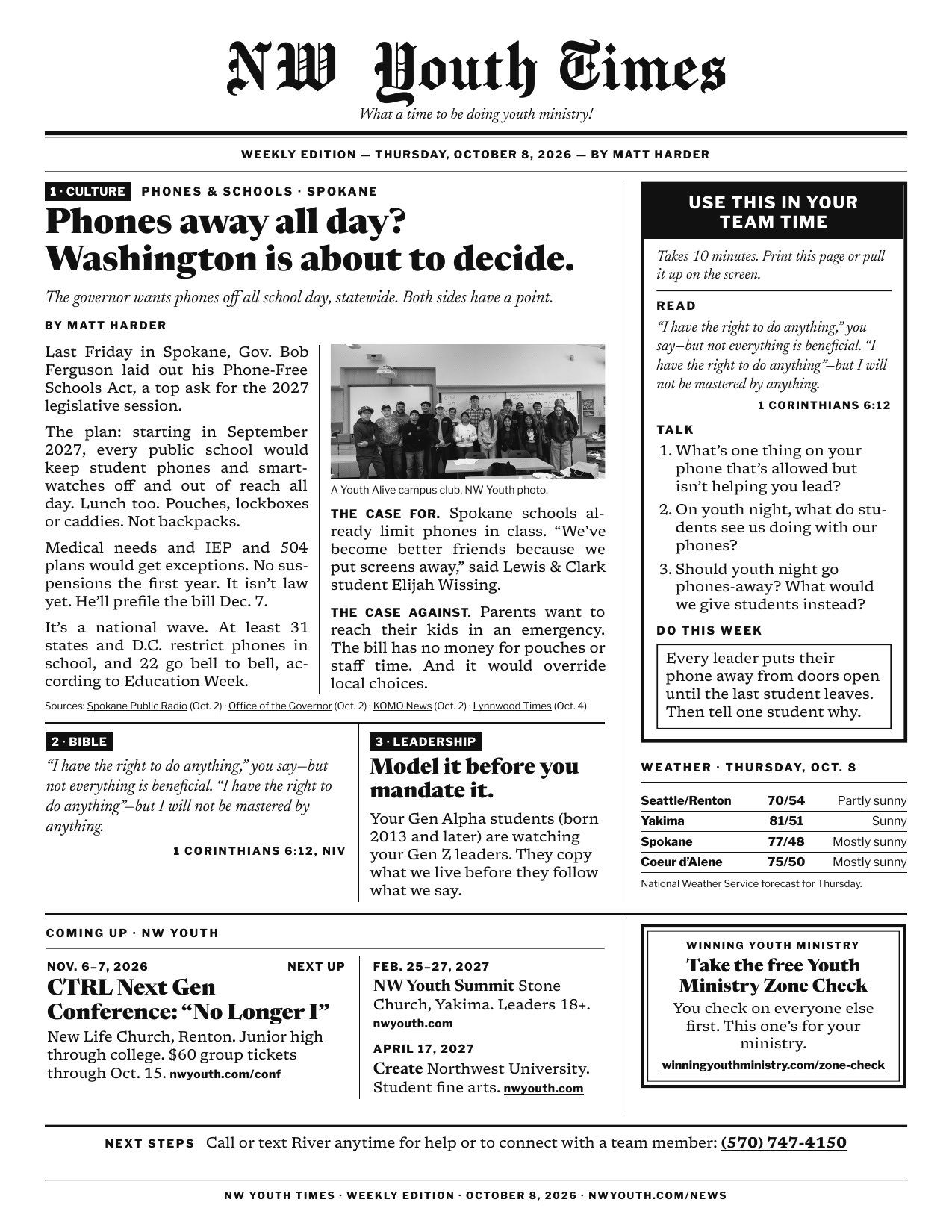 Front page of NW Youth Times: Phones away all day? Washington is about to decide.